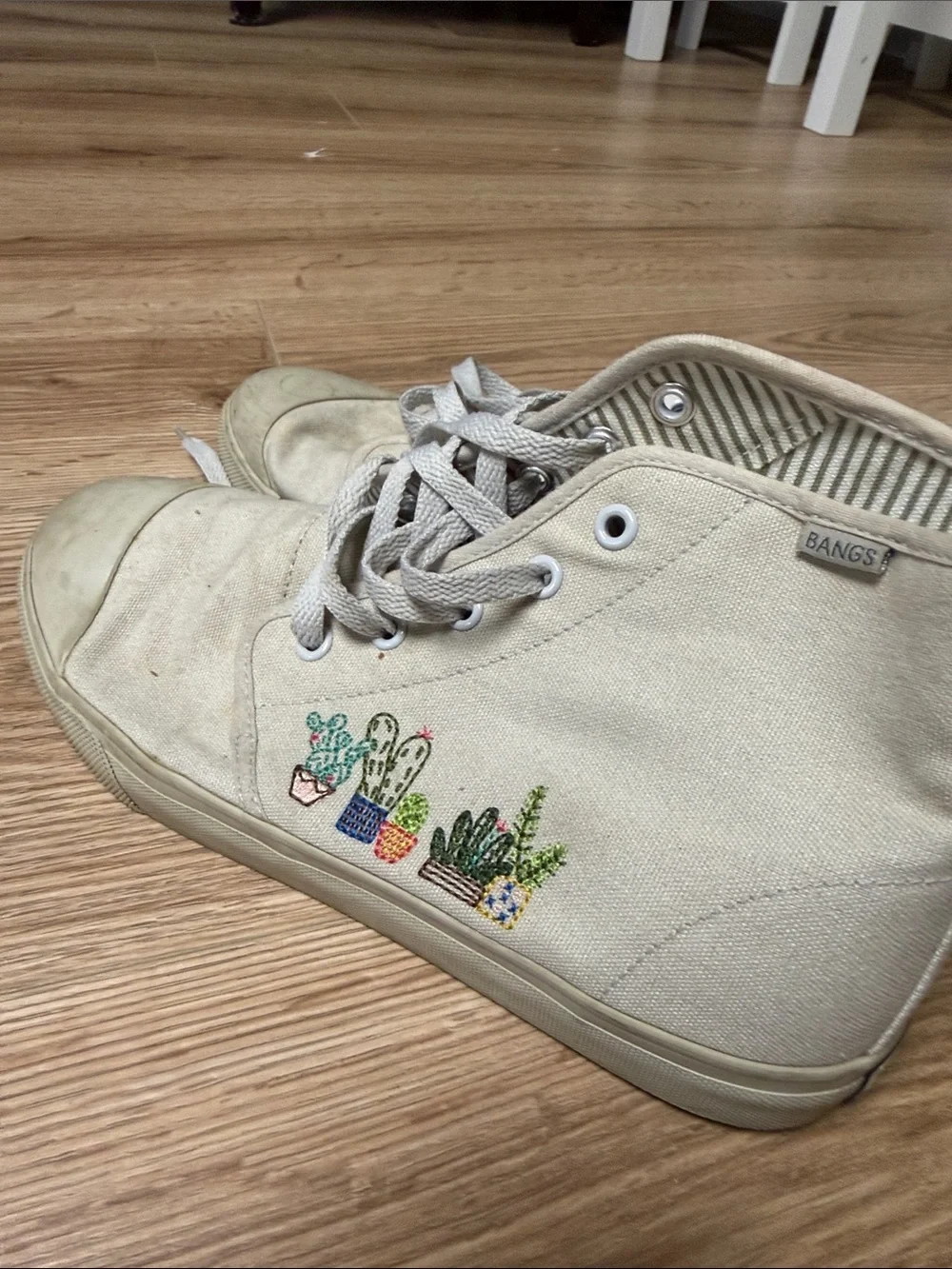 BANGS Women's Beige Canvas High-Top Sneakers with Cactus Embroidery